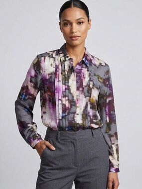 Basler 100% Silk Abstract Print Pleated Button-Down Blouse